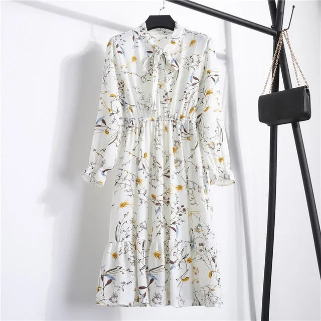 Summer Korean Chiffon Women Dress Elegant Ladies Vintage Long Dress Boho Floral Office Long Sleeve Vestidos Clothing 5LYQ003