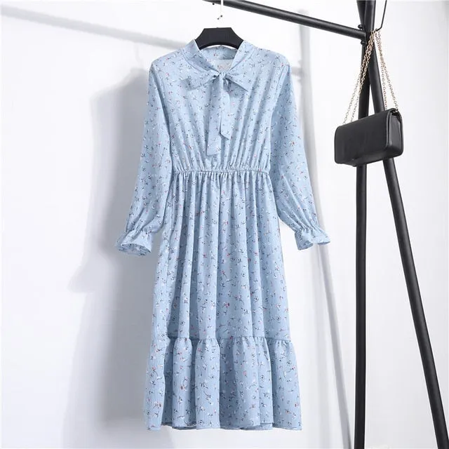 Summer Korean Chiffon Women Dress Elegant Ladies Vintage Long Dress Boho Floral Office Long Sleeve Vestidos Clothing 5LYQ003