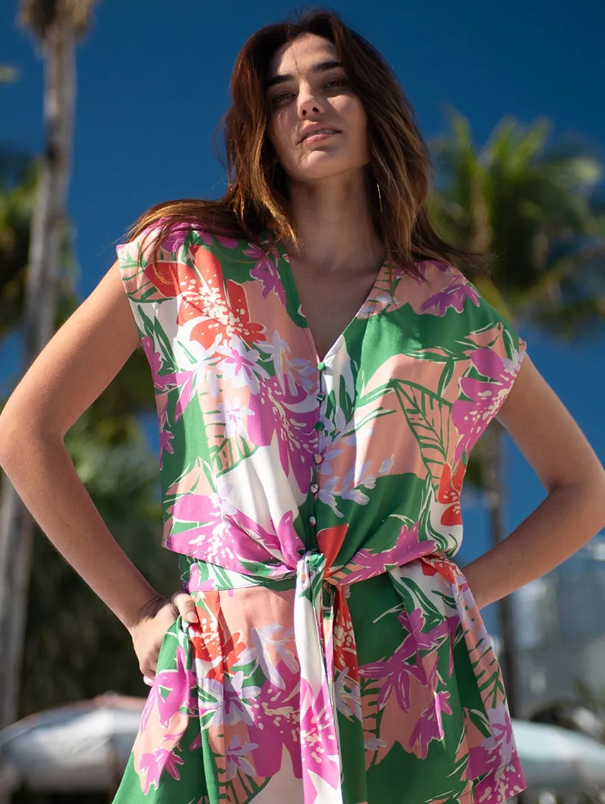 Tribal XIX Palms Wrap Top With Tie Front