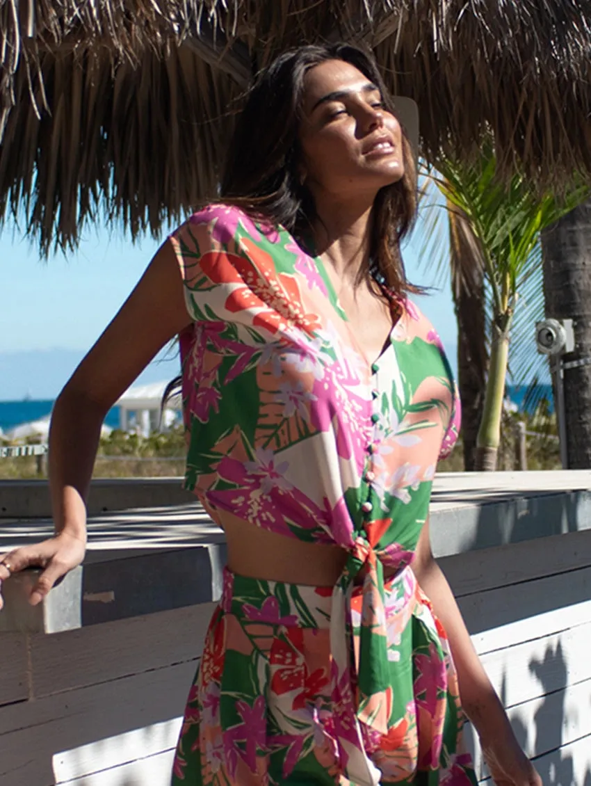 Tribal XIX Palms Wrap Top With Tie Front