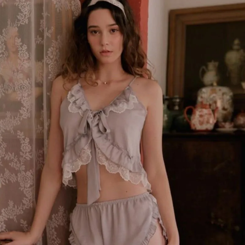 Two Piece Lace Bows V Neck Top Ruffled Shorts Sleepwear