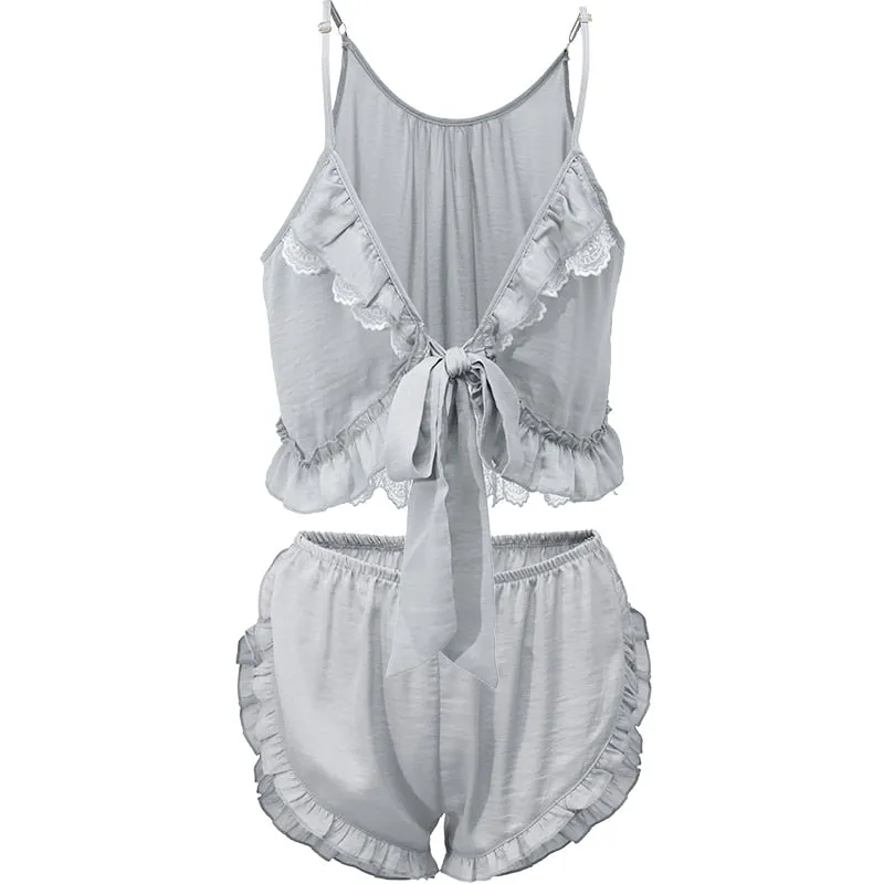 Two Piece Lace Bows V Neck Top Ruffled Shorts Sleepwear