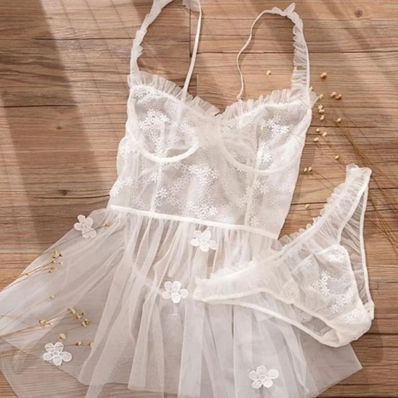 White Mesh Floral Maid Lingerie